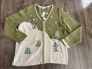 NEW Christopher & Banks Penguin Sweater Women's XL Full Zip Christmas Pom Pom - Picture 1 of 10