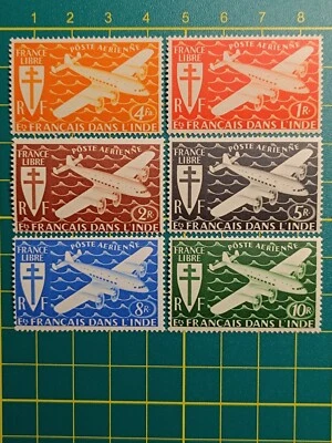 French India 1944, Air Post, Plane CD87, set of 6, MNH - Image 1 of 4