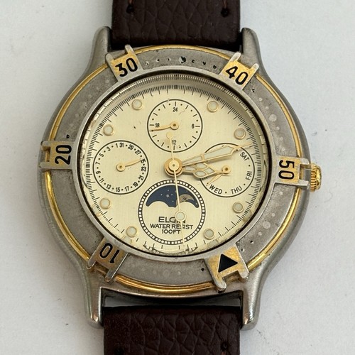 Vintage Elgin FS-408 Calendar Moon Phase Quartz 37 mm Mens Watch Tested Works