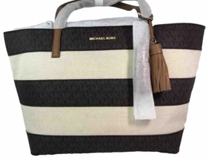 NWT Michael Kors Womens Large East West Brown Natural Stripe Tote Purse Bag - Picture 1 of 9