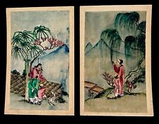 2 RARE Antique CHINESE POSTCARDS ON SILK VNTG Woman Trees People Child Dog Tree