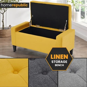 Linen Upholstered Ottoman Large Storage Box Versatile Bench Bedding Chest - Picture 1 of 19