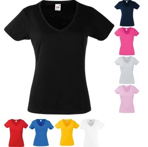 Ladies Women Fruit Loom Value Weight 100% Cotton Short Sleeve V Neck T Shirt Top - Picture 1 of 10