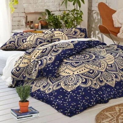 Bedding Set Queen/Double Quilt Duvet Cover Blue Dye Gold Hippie Gypsy Cover - Image 1 of 2