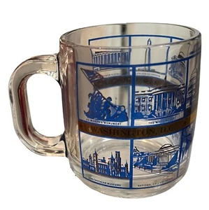 Washington DC Monuments Mug Clear Glass Blue Gold Accents Vintage Souvenir Mint - Picture 1 of 13