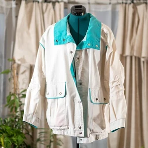 Vintage 90s White and Teal Light Jacket Large - Picture 1 of 3
