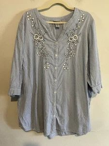 Catherine’s blau & weiß Streifen bestickt Blumen Knopfleiste 3/4 Ärmel 2XL - Bild 1 von 7