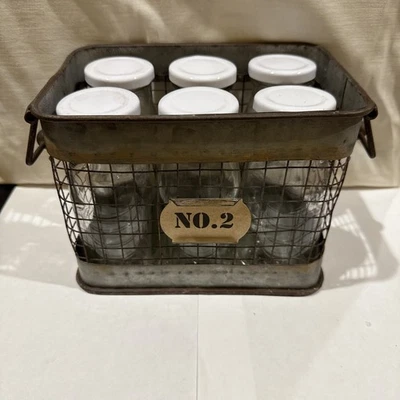Wire basket with wood handle with six jars  - Image 1 of 4