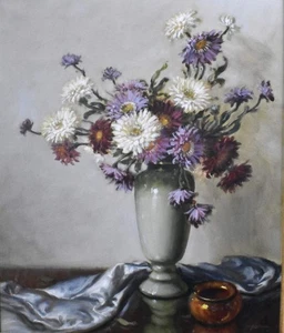 A.D. Greer 1904-1998 "Vase of Mums Still Life" Original Signed Oil Painting - Foto 1 di 15
