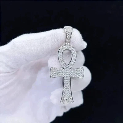 1.5Ct Round Cut Lab-Created Diamond Men Ankh Cross Pendant 14K White Gold Plated - Image 1 of 4