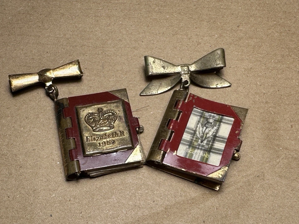 Pair of Souvenir Picture Book Brooches Scotland & Queen Elizabeth II Coronation  - Image 1 of 4