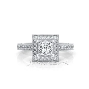 Anillo de compromiso con halo milgrain pavé de diamantes princesa GIA E-VS2 con oro 1,2 ctw - Imagen 1 de 4