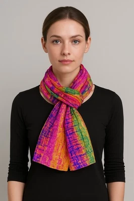 Vintage Sheer Silk Scarf Stole Boho Hand Dye Artsy Maximalist Rainbow Colorful - Image 1 of 4