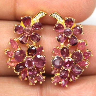 925 Sterling Silver Red Ruby & Zircon Earrings 18k Gold Plated - Image 1 of 4