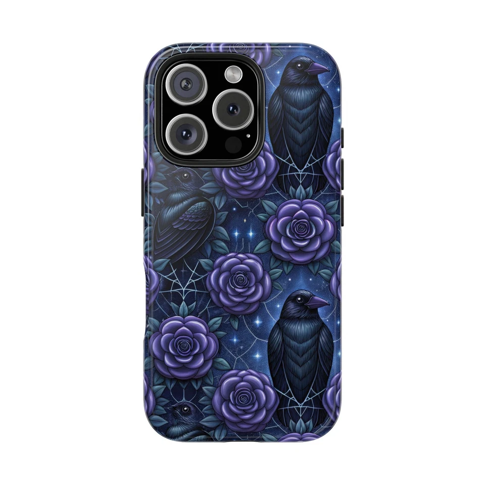 紫色 Gothic Raven & Roses,坚固 iPhone 保护壳,光泽保护套 — 第 1/1 张图片