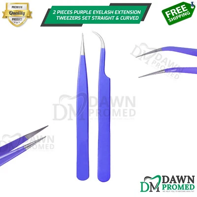2 Pcs Purple Eyelash Extension Tweezers Set Straight & Curved German Grade - Image 1 of 4
