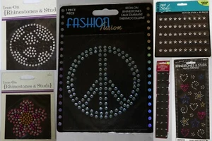 IRON ON RHINESTONES STUDS TRANSFER SHEET DESIGNS PEACE SIGN FLOWER SOCCER Choice - Picture 1 of 10