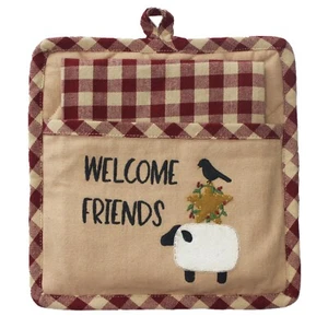 Pot Holder with Dishtowel Embroidered Sheep Star Crow Welcome Friends Raghu - Picture 1 of 2