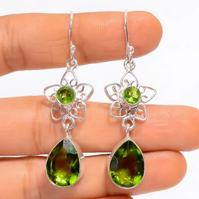 Natural Peridot Gemstone Fashion Jewelry 925 Silver Dangle Earrings 2"  - Image 1 of 3