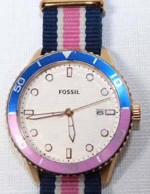 Reloj Fossil Dayle BQ3629 Fecha Correa Nylon Rosa Azul Raya Foto 1 de 4