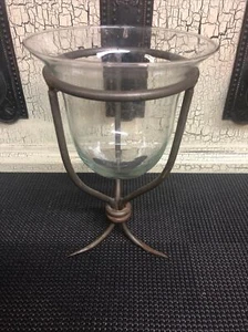 9” metal based Glass candle holder, barbed feet, Bell Shaped Glass industrial - Picture 1 of 9