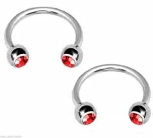 Horseshoe Ear Eyebrow Lip 16 Gauge 3/8" Gemmed 3mm Red Balls Steel SET of 2 - Picture 1 of 3