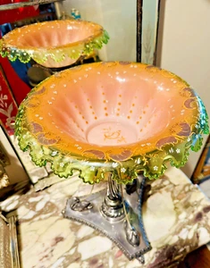 Stunning Antique Uranium Pink Glass Brides Bowl Sheffield Silver Swans Stand - Picture 1 of 14