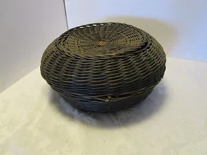 Antique Woven Wicker Sewing lidded Basket storage Victorian 13" across x 6" t - Picture 1 of 12