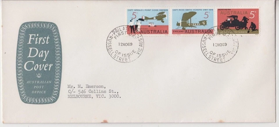 Stamps 1969 airmail issue in strip of 3 on Emblem grey solid long format FDC - image 1 of 1