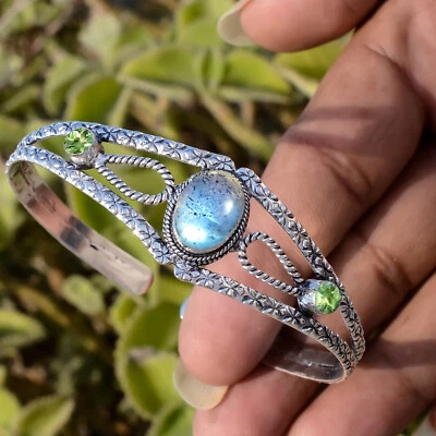 10x14MM Labradorite & Peridot Handmade Bracelet 925 Sterling Silver Cuff Bangle - Image 1 of 4