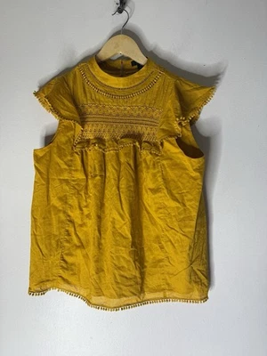 J.Crew Yellow Smocked Crew Neck Puff Sleeve Shirred Cotton Top Small - Image 1 of 4