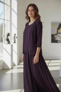 Plum Colored Formal Gown Mother of the Bride Rhinestones 3/4 Sleeve Jacket - Picture 1 of 9