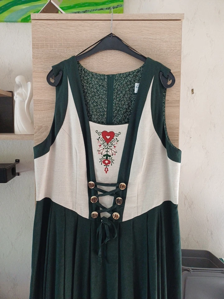 Schlichtes ärmelloses Dirndl Gr. 48 Grün Beige mit echten Hornknöpfen - wie Neu - Bild 1 von 4