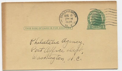 1939 US 1¢ Jefferson Postal Card to Philatelic Agency Washington DC Binghamton - Image 1 of 2
