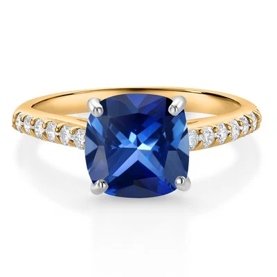 10K Yellow Gold 8MM Cushion Cut Created Sapphire and White Lab Grown Diamond - Image 1 of 4