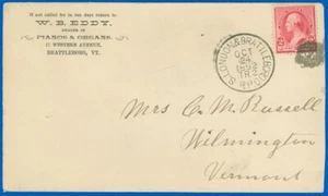 1892 S. LONDRES & BRATTLEBORO R.P.O. Cds, W B EDDY PIANOS & ORGANES ADV, SC #220 - Imagen 1 de 2