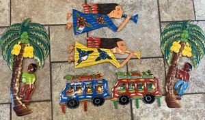 Vintage Hand Painted Metal Haitian Wall Art Taxi Tour Bus Angels Palm Trees 6 Pc - Picture 1 of 12