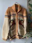 Vintage Knit Rite A Caldwell 100% Pure Wool Bird Zip Up Skii Sweater Cardigan