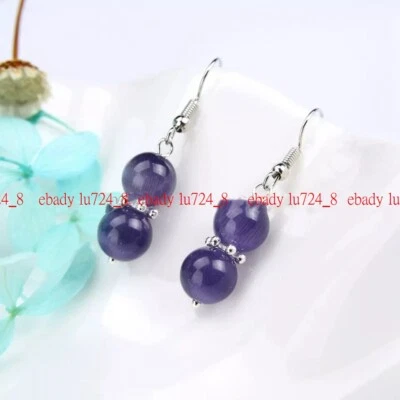 6/8/10/12mm Fashion Multicolor Opal Cat's Eye Round Gems Silver Hook Earrings - Image 1 of 4