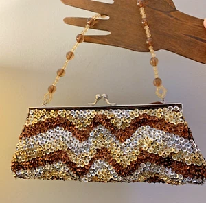 Vintage 1970s Gold Silver Bronze Chevron Sequin Clutch Purse Ball Bead Handle - Picture 1 of 20