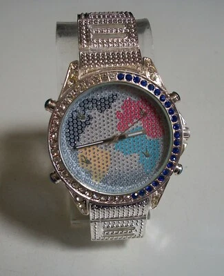 Men Silver Finish Blue & Clear Bling World Map Dial Fashion Dressy Watch Foto 1 de 4