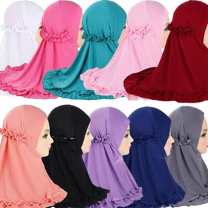 Muslim Kids Girls Hijab Amira Ruffle Scarf Islamic Headscarf Shawl Wrap Hat 2-6Y - Picture 1 of 30