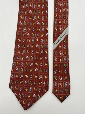 Corbata vintage RARA Salvatore Ferragamo 100 % seda roja animales patrón circo Foto 1 de 4