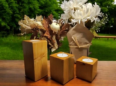 Juego de 3 candelabros de madera para luz de té hechos a mano con acabado liso de madera maciza Foto 1 de 4