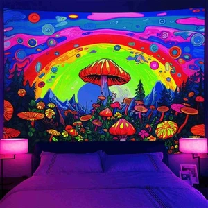 Rainbow Boho Garden Wall Art Blacklight Poster UV Reactive Tapestry Wall Hanging - Picture 1 of 6