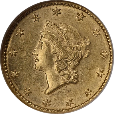 1849-P Type 1 Liberty Gold $1 Small Head No L NGC MS61 Great Eye Appeal - Image 1 of 4