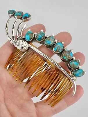 复古纳瓦霍高档比斯比绿松石纯银头发装饰品梳 4 7/8 — 第 1/4 张图片