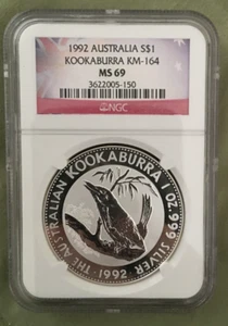 1992 $1 Australia 1 OZ Silver Kookaburra Coin KM164 NGC MS 69 - Picture 1 of 2