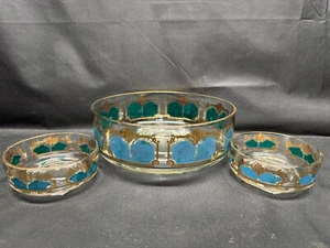Jeanette Glass "FLORENTINE" ~ Green & Gold Bowl Set ~ (1) 8 3/4" and (2) 4 1/2" - Picture 1 of 9