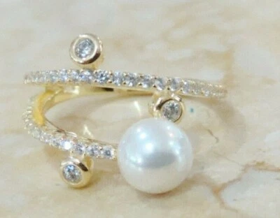 925 Sterling Silver Gold Embraced Simulated Diamond Pearl Band Ring size 8 - Image 1 of 4
